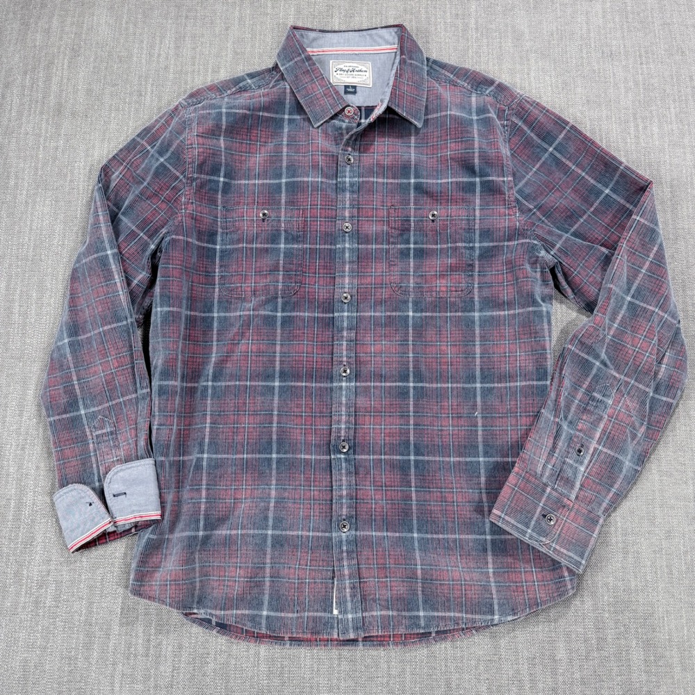 Flag & Anthem Mens Large Red Blue Plaid Corduroy Button Down Shirt Long Sleeve